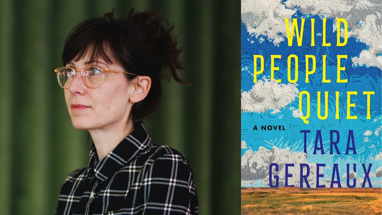 A woman with her hair in a bun and glasses looking left. Book cover of a beaded sky over a Saskatchewan plain.