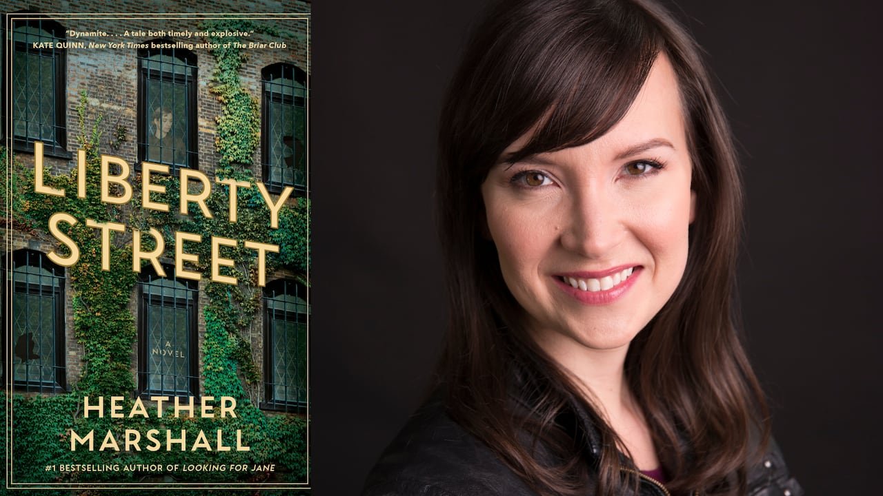 Book cover of a woman looking out of a vine-covered building. Headshot of a smiling woman with brown hair.